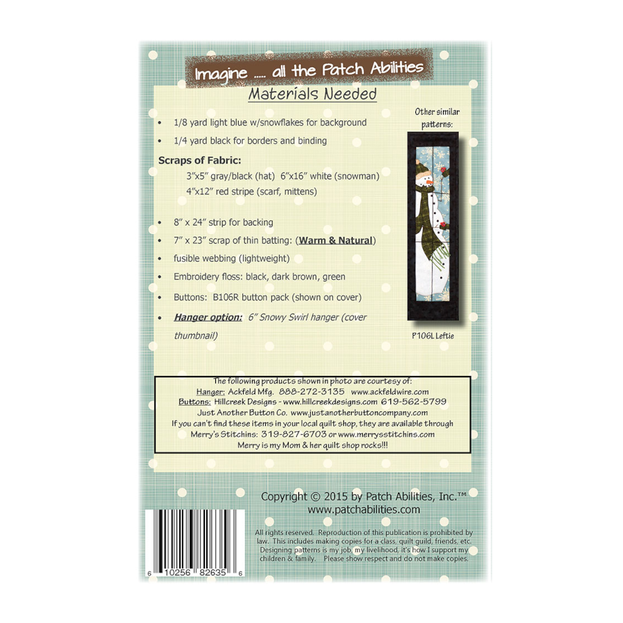 PDF Pattern #106R Peek Out My Window "Rightie" by Patch Abilities - back cover