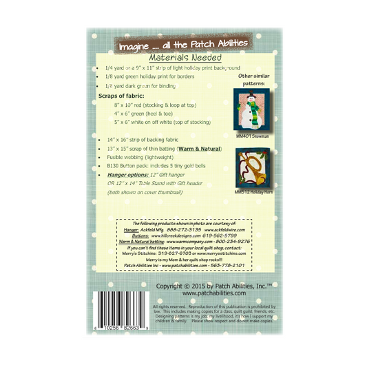 PDF Pattern #130 Holiday Stocking by Patch Abilities - back cover