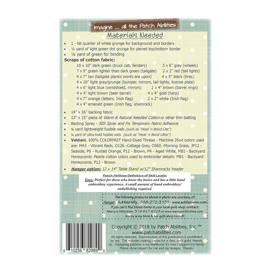 PDF Pattern #190 Happy St Pats Little Truck by Patch Abilities - back cover