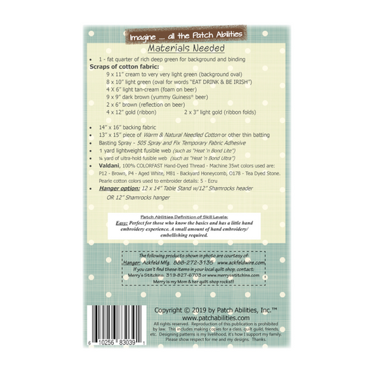 PDF Pattern #192 Eat Drink & Be Irish by Patch Abilities - back cover