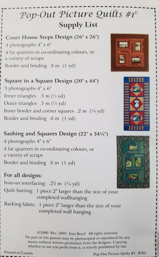 Pop-Out Picture Quilts #1 by Patterns by Jean Boyd (back)