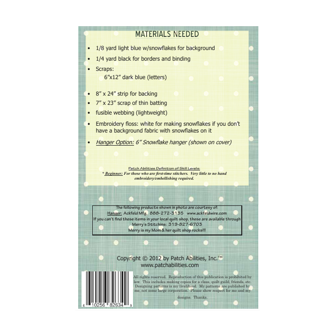 PDF Pattern #106M Peek Out My Window "Winter" by Patch Abilities - back cover