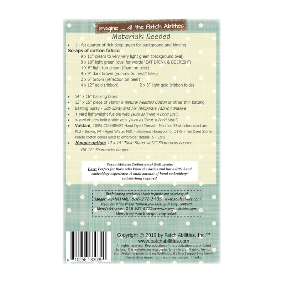 PDF Pattern #192 Eat Drink & Be Irish by Patch Abilities - back cover
