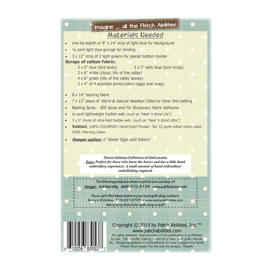 PDF Pattern #197 Blue Bird Easter by Patch Abilities - back cover