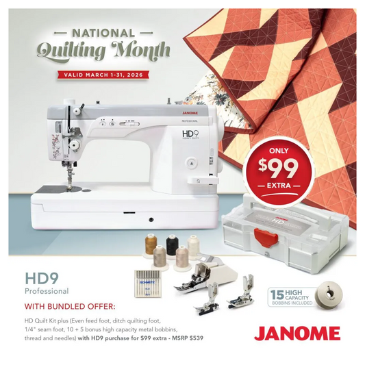 Janome HD9 Professional promo flyer for National Quilting Month. Valid until March 31, 2026