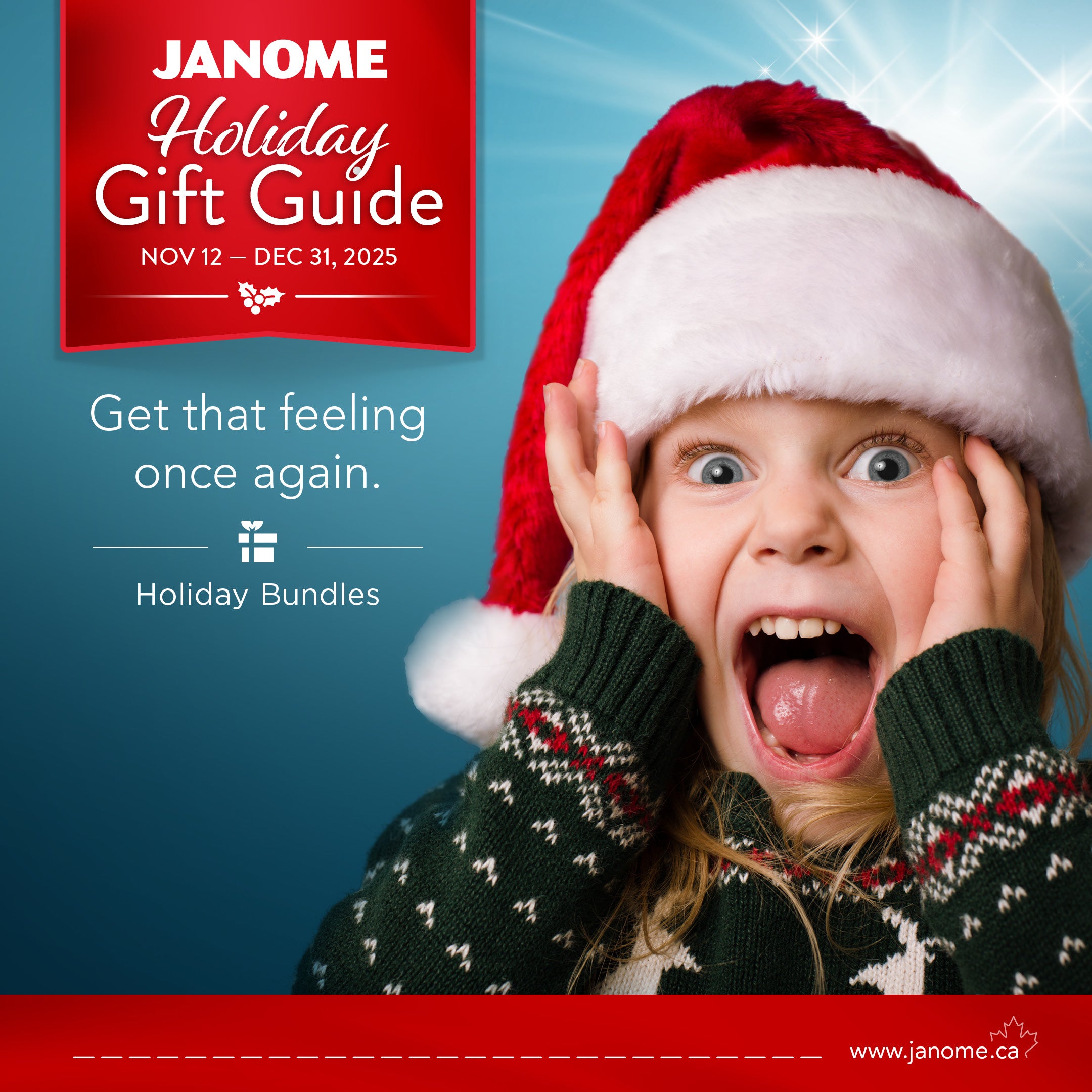 Advertisement for Janome Holiday 2025 Gift Guide.