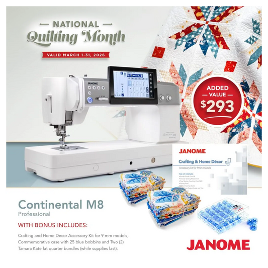 Janome Continental M8 Professional - promo flyer for National Quilting Month. Valid until March 31, 2026.