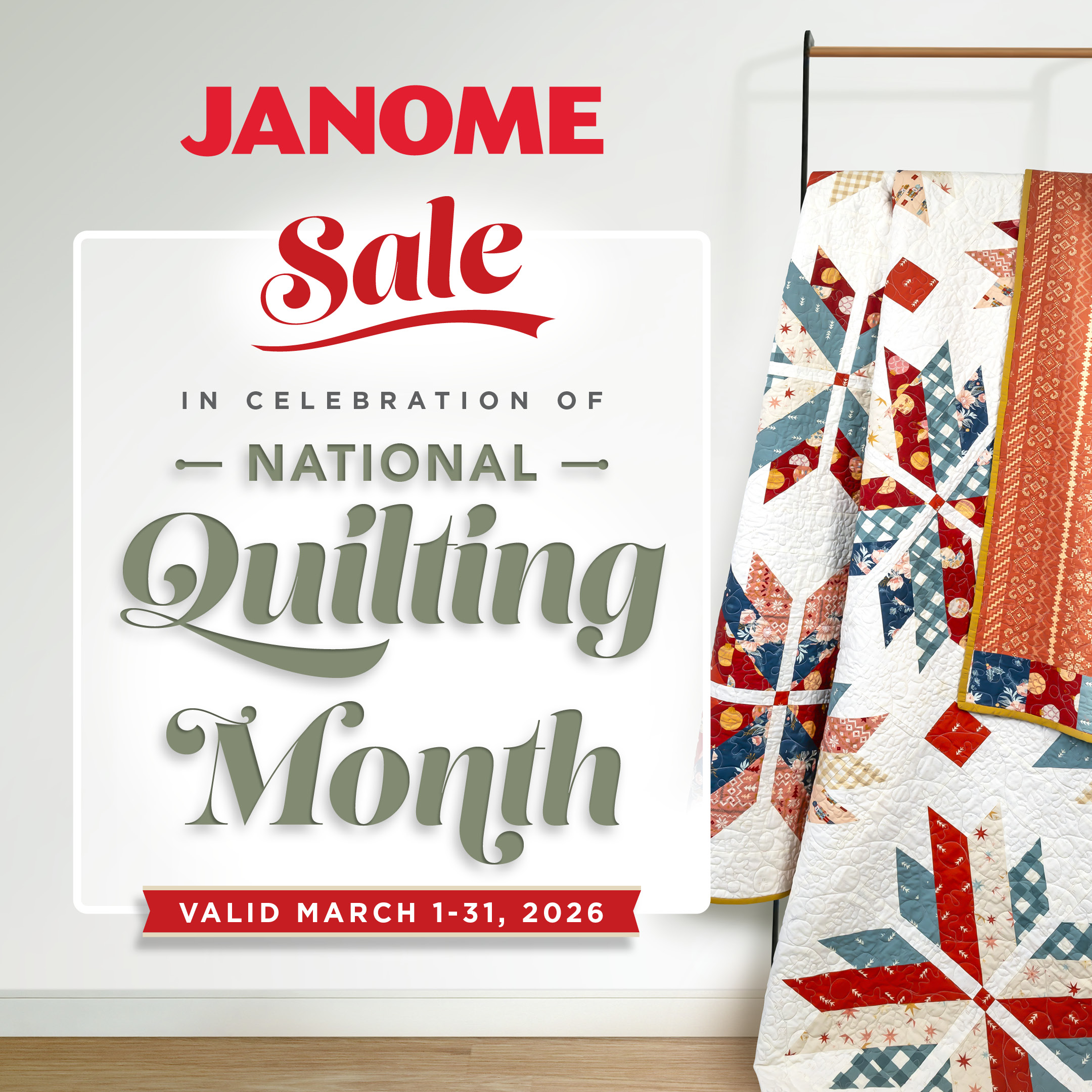 Janome alt promo banner for National Quilting Month sale. Valid until March 31, 2026