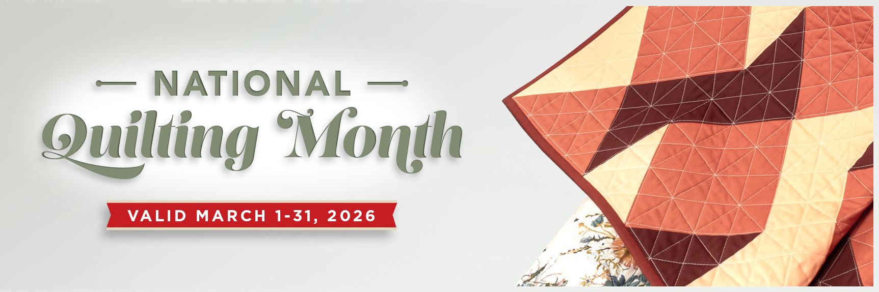 Janome promo banner for National Quilting Month sale. Valid until March 31, 2026