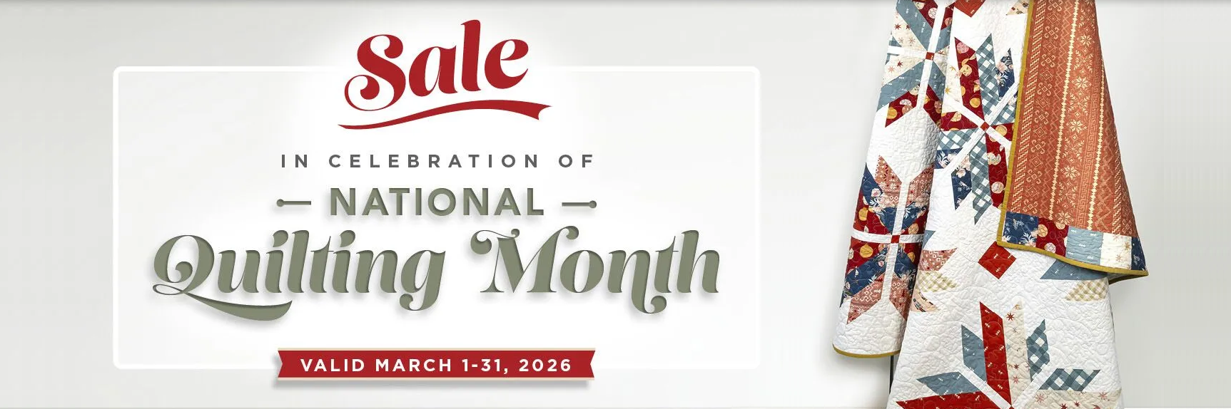 Janome promo banner for National Quilting Month sale. Valid until March 31, 2026
